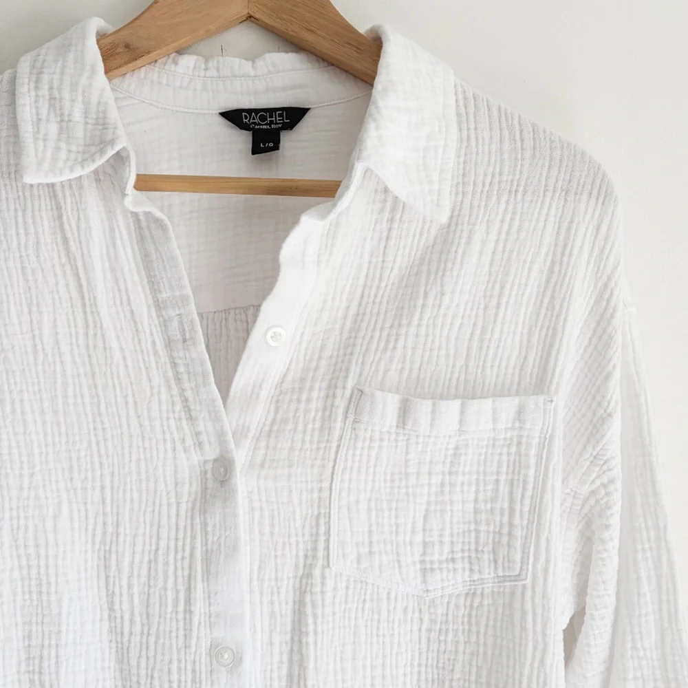 Rachel Roy White Textured Gauze Cotton Button Down - Large - Picture 3 of 10